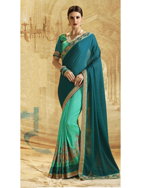 

SHAVYA Sea Green & Turquoise Blue Embroidered Pure Georgette Heavy Work Saree