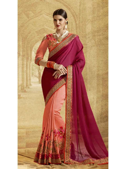 

SHAVYA Maroon & Gold-Toned Embellished Beads and Stones Pure Georgette Heavy Work Saree