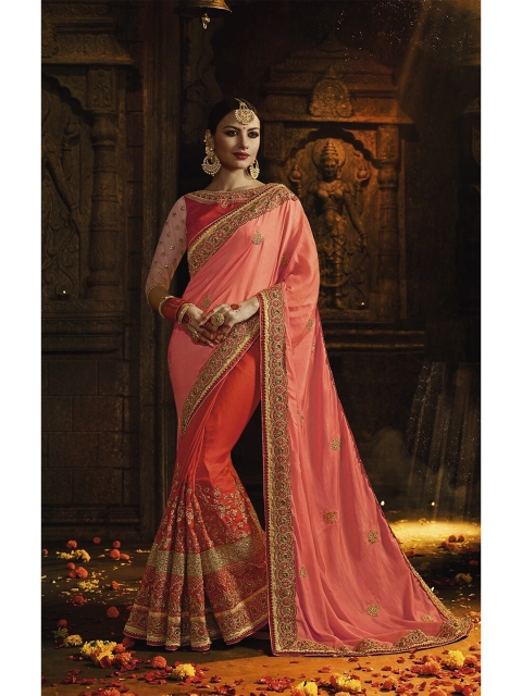 

SHAVYA Orange & Gold-Toned Embellished Beads and Stones Pure Georgette Heavy Work Saree