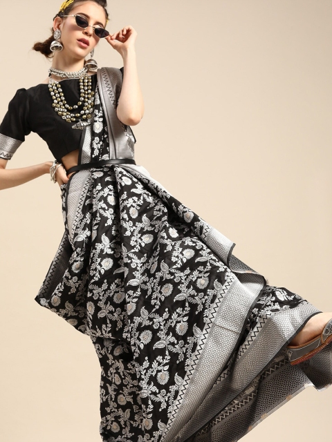 

SHAVYA Black & Silver-Toned Floral Zari Silk Blend Banarasi Saree