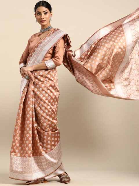 

SHAVYA Coffee Brown & Silver-Toned Ethnic Motifs Zari Silk Blend Banarasi Saree