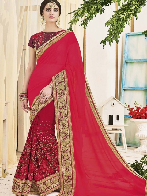 

SHAVYA Red & Gold-Toned Embroidered Pure Georgette Heavy Work Saree