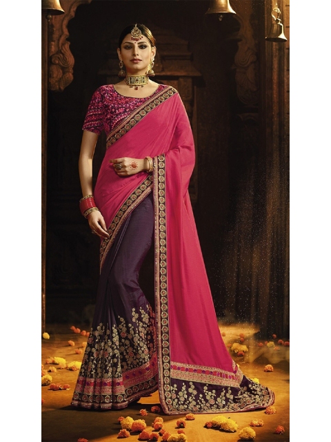 

SHAVYA Pink & Purple Sequinned Embellished Pure Georgette Heavy Work Saree