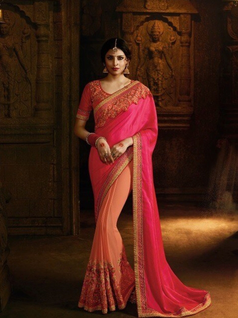 

SHAVYA Red & Peach-Coloured Embroidered Pure Georgette Half and Half Saree