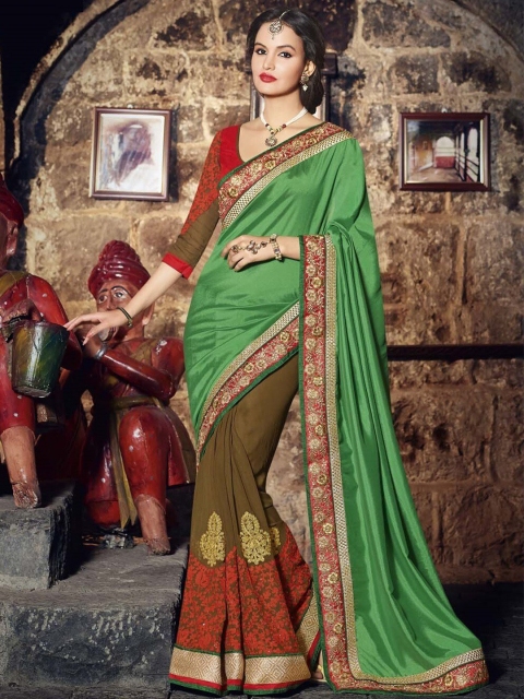 

SHAVYA Green & Brown Embellished Embroidered Pure Georgette Heavy Work Saree