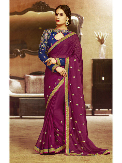 

SHAVYA Magenta & Gold-Toned Embroidered Pure Georgette Heavy Work Saree