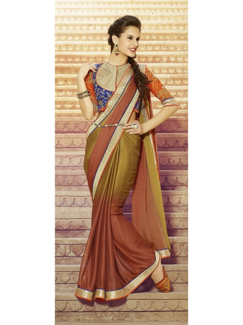 

SHAVYA Brown & Blue Embellished Embroidered Pure Georgette Heavy Work Saree