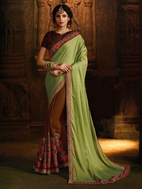 

SHAVYA Green & Brown Embellished Beads and Stones Pure Georgette Heavy Work Saree