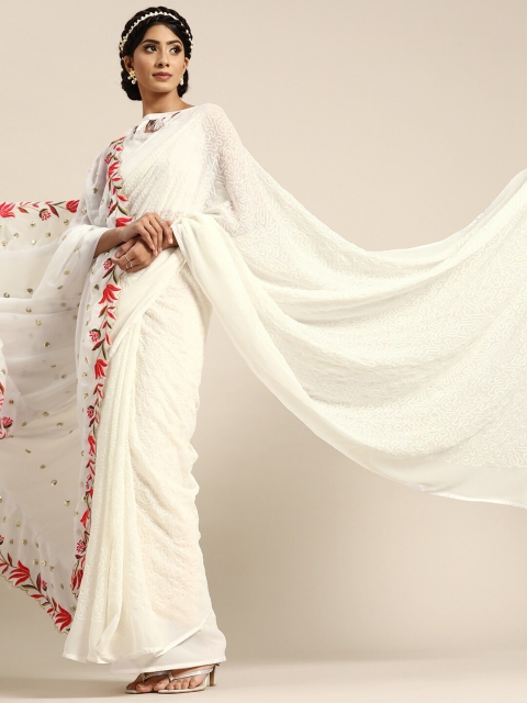 

SHAVYA White & Red Embroidered Pure Georgette Saree