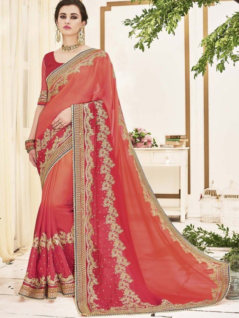 

SHAVYA Pink Embellished Beads and Stones Pure Georgette Heavy Work Saree