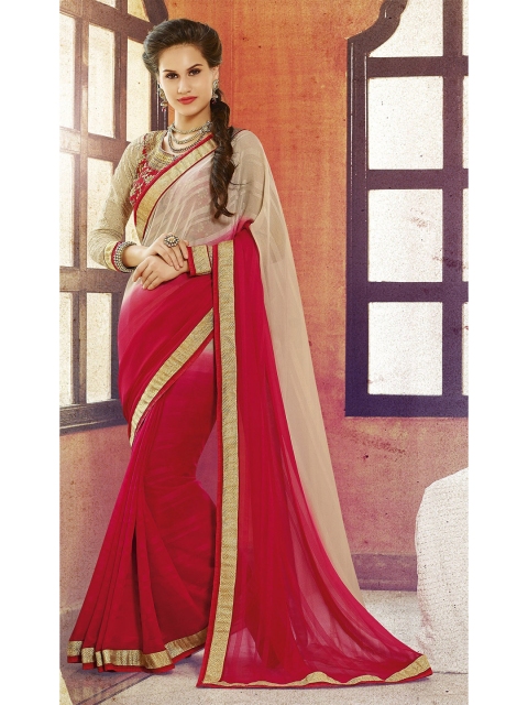

SHAVYA Red & Cream-Coloured Embellished Embroidered Pure Georgette Heavy Work Saree