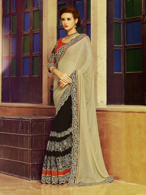 

SHAVYA Beige & Black Embellished Pure Georgette Heavy Work Saree
