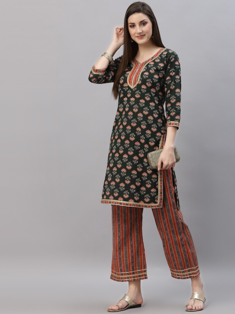 

Rudra Bazaar Women Green Floral Printed Pure Cotton Kurta with Trousers