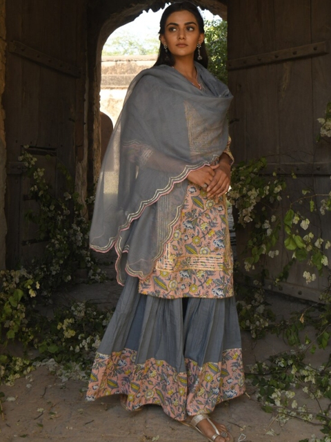 

KARAJ JAIPUR Women Pink Printed Pure Cotton Kurta with Sharara With Dupatta