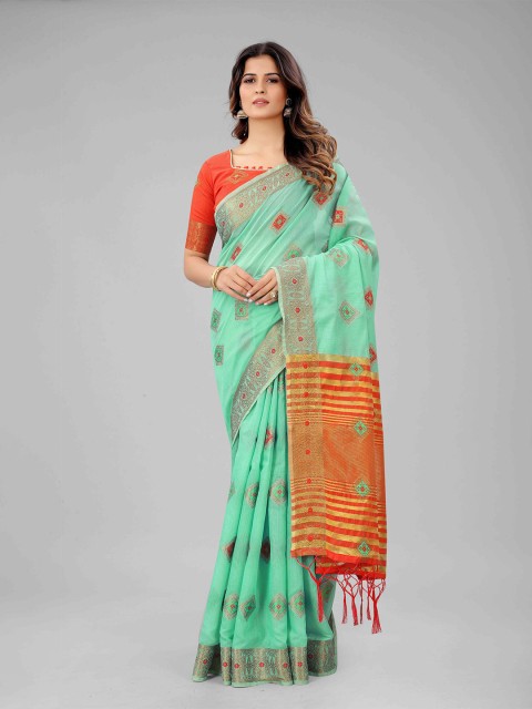 

Mizzific Turquoise Blue & Red Zari Pure Cotton Chanderi Saree