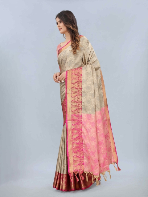 

Mizzific Grey & Pink Woven Design Zari Silk Cotton Kanjeevaram Saree