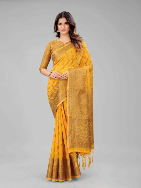 

Mizzific Yellow & Gold-Toned Paisley Zari Pure Cotton Chanderi Saree