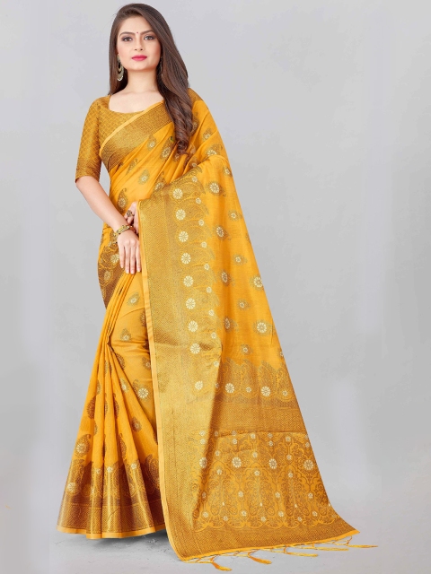 

Mizzific Yellow & Gold-Toned Paisley Woven Design Zari Pure Cotton Banarasi Saree