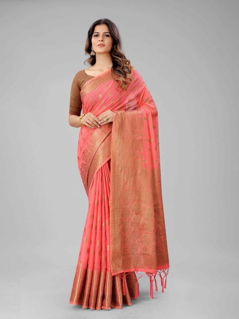

Mizzific Pink & Gold-Toned Woven Design Zari Pure Cotton Chanderi Saree