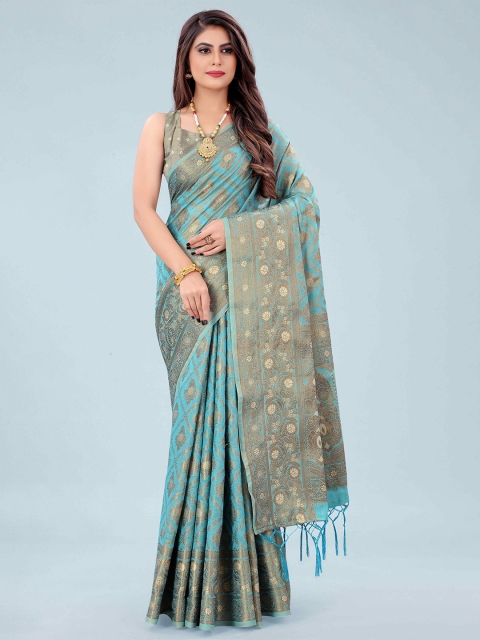 

Mizzific Turquoise Blue & Gold-Toned Floral Zari Pure Cotton Chanderi Saree