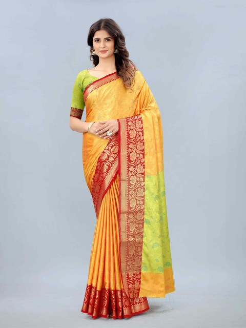 

Mizzific Red & Gold-Toned Woven Design Zari Silk Cotton Kanjeevaram Saree