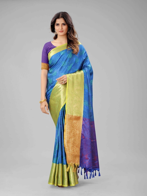

Mizzific Blue & Green Ethnic Motifs Silk Cotton Kanjeevaram Saree
