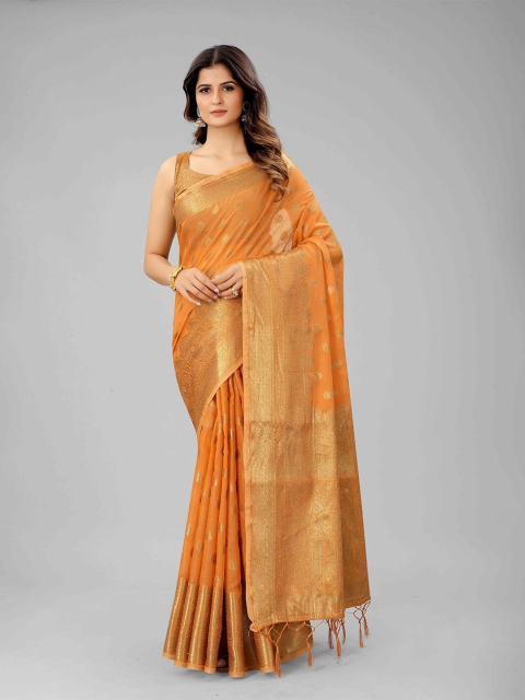

Mizzific Orange & Gold-Toned Ethnic Motifs Zari Pure Cotton Banarasi Saree