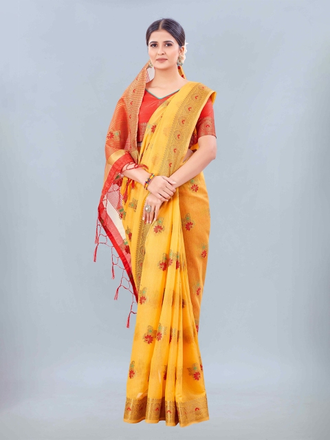 

Mizzific Yellow & Red Floral Pure Cotton Banarasi Saree