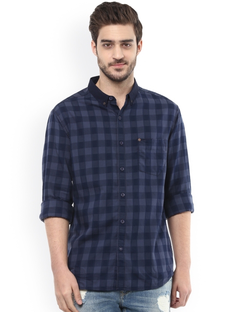 

SPYKAR Navy Checked Slim Fit Casual Shirt, Navy blue