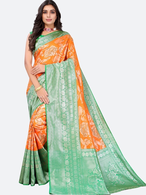 

Satrani Orange & Green Woven Design Zari Heavy Work Saree