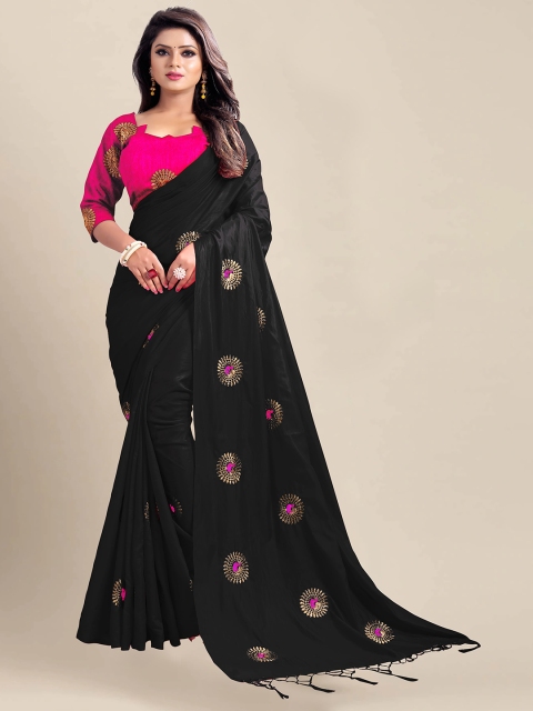 

VAIVIDHYAM Black & Golden Ethnic Motifs Embroidered Art Silk Saree