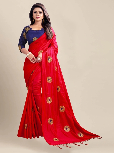 

VAIVIDHYAM Red & Navy Blue Floral Embroidered Art Silk Saree