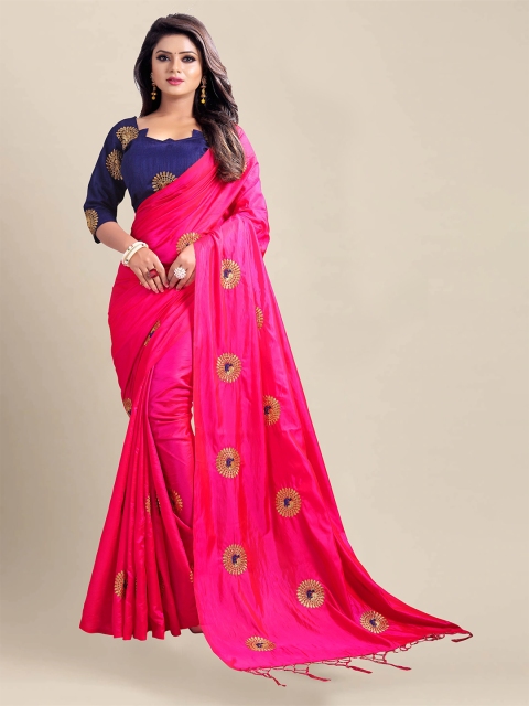 

VAIVIDHYAM Pink & Navy Blue Embroidered Art Silk Saree