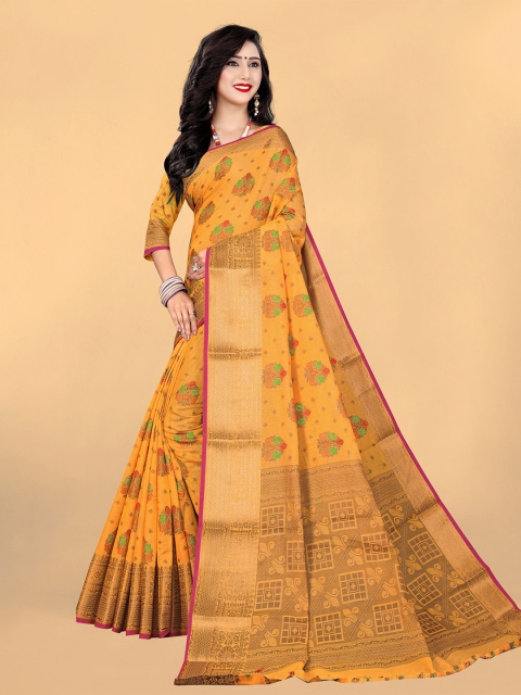 

Rivana Mustard Yellow & Golden Ethnic Motifs Zari Pure Cotton Banarasi Saree