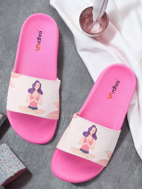 

Vardhra Women Pink & White Printed Sliders