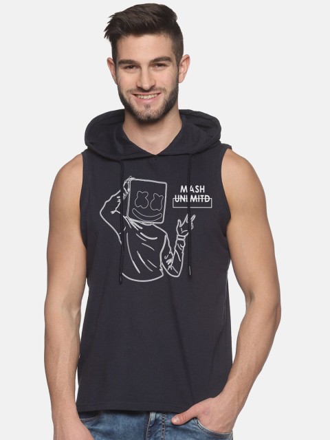 

MASH UNLIMITED Men Navy Blue Typography Printed Raw Edge T-shirt