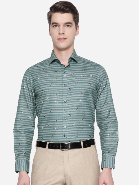 

Greenfibre Men Green Slim Fit Horizontal Stripes Striped Formal Shirt