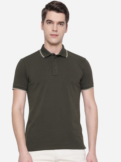 

JADE BLUE Men Green Polo Collar Pure Cotton Slim Fit T-shirt