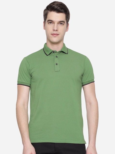 

JADE BLUE Men Green Polo Collar Pure Cotton Applique Slim Fit T-shirt