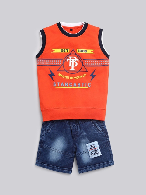 

Hopscotch Boys Orange Printed T-shirt with Shorts