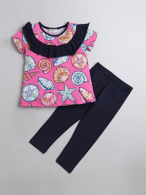 

Hopscotch Girls Pink & Navy Blue Printed Top with Leggings