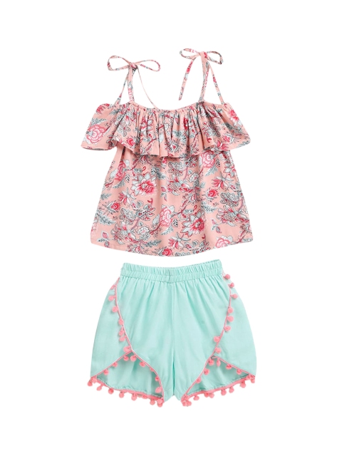 

Hopscotch Girls Pink Printed Top with Shorts