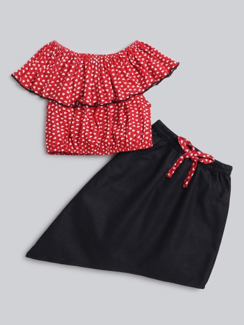 

Hopscotch Girls Red & Black Printed Top with Skirt