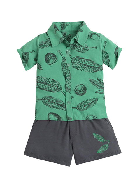 

Hopscotch Boys Green Printed Shirt with Shorts