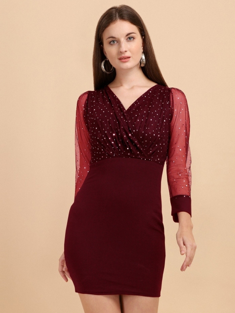 

SHEETAL Associates Maroon Embellished Net Bodycon Dress