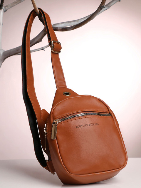 

HAUTE SAUCE by Campus Sutra Brown PU Structured Sling Bag with Cut Work