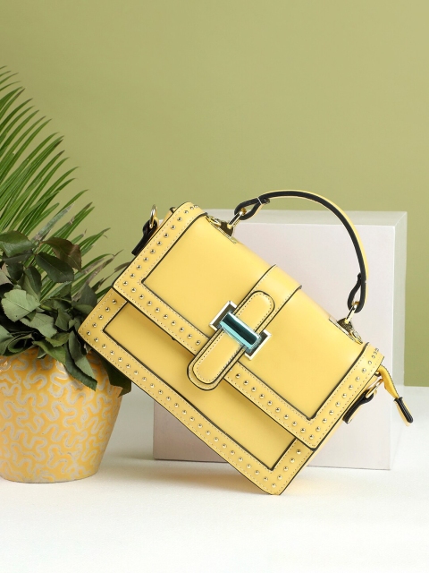 

HAUTE SAUCE by Campus Sutra Yellow PU Structured Satchel with Cut Work