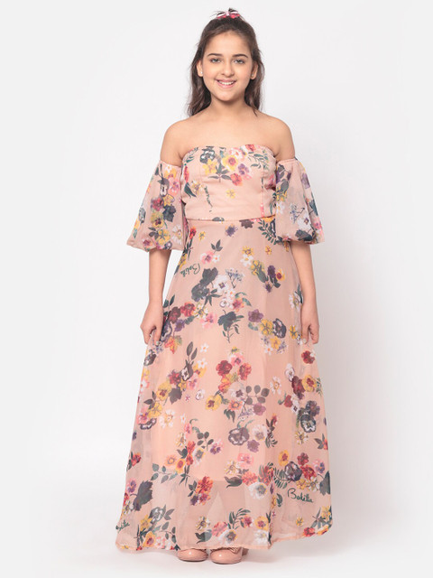 

MINOS Beige Floral Off-Shoulder Chiffon Maxi Dress