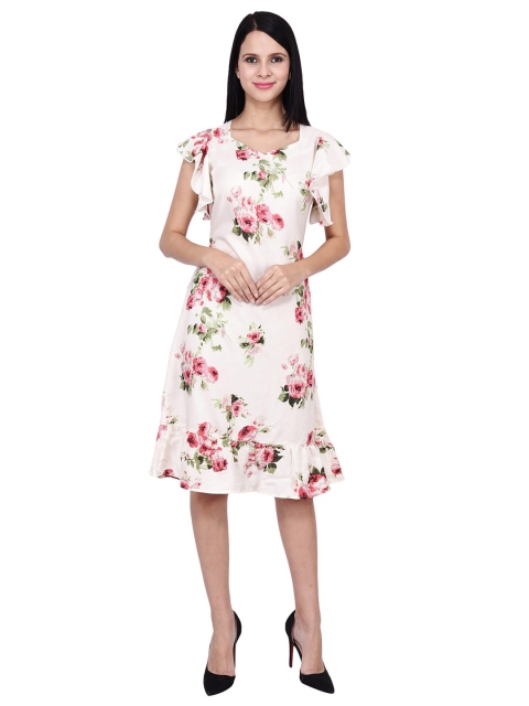

Frempy White Floral Crepe A-Line Dress