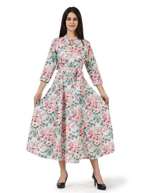 

Frempy White Floral Crepe Midi Dress